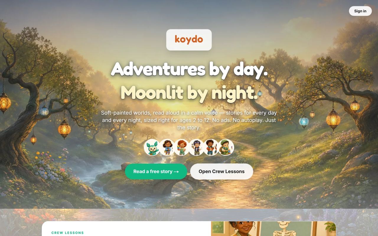 Koydo Story Time: 'Adventures by day. Moonlit by night.' over a lantern-lit storybook forest.