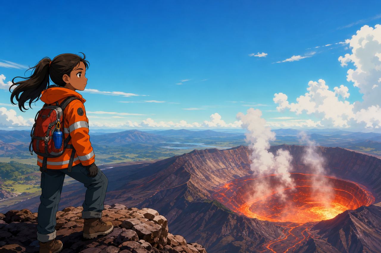 Illustration of a girl in an orange expedition jacket looking across at a steaming volcanic crater.