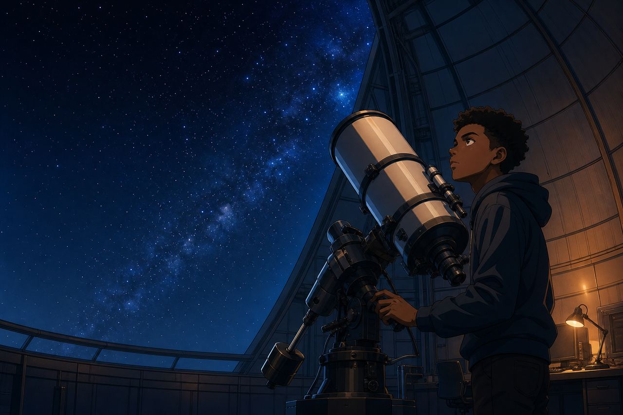Illustration of a teenager at a large telescope inside an observatory dome under the Milky Way.