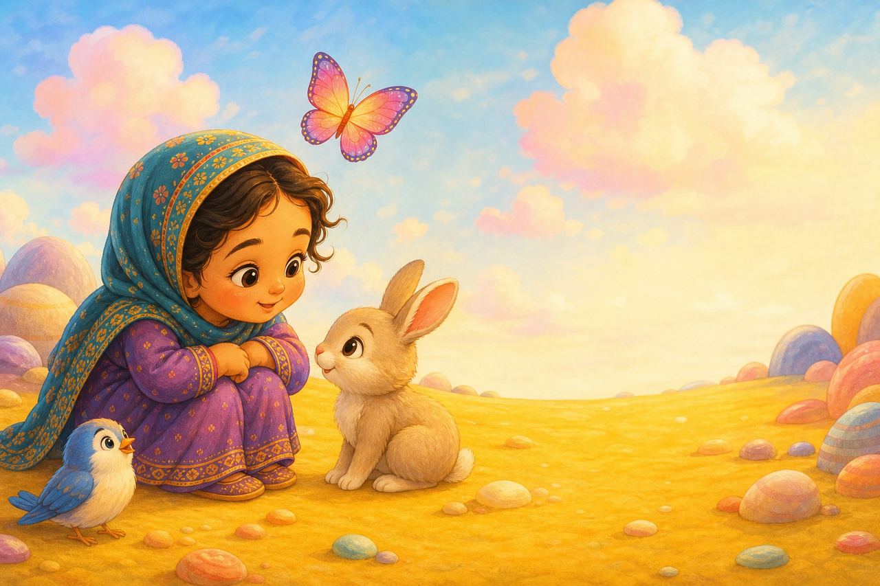 Illustration of a little girl in a patterned headscarf sitting with a bunny, a bluebird and a butterfly.