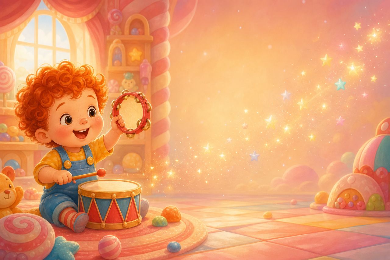 Illustration of a toddler playing a drum and shaking a tambourine in a cosy playroom.