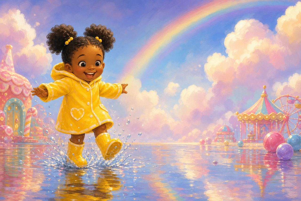 Illustration of a smiling toddler in a yellow raincoat splashing through a puddle under a rainbow.
