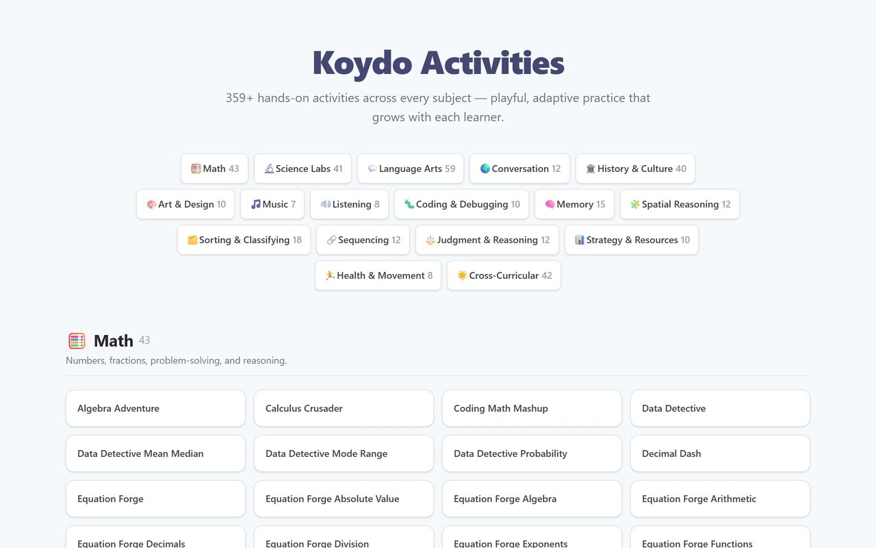 The Koydo Activities catalogue grouped by subject, from maths to music