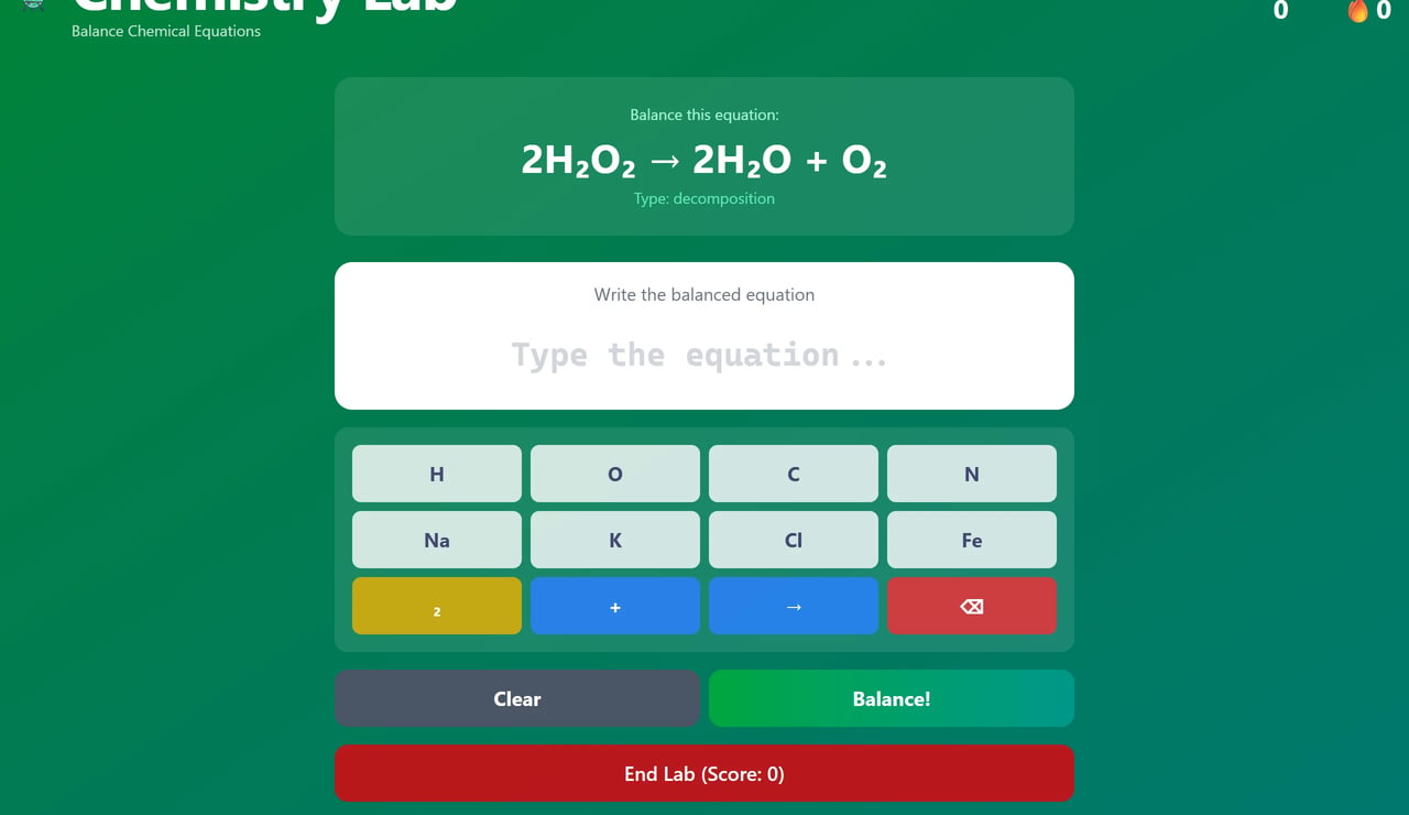 The Chemistry Lab activity asking a learner to balance a chemical equation