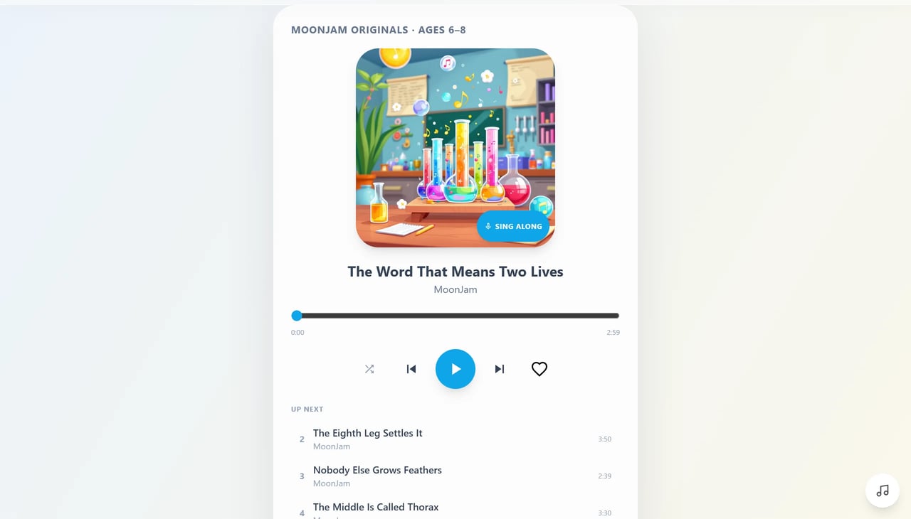 The Koydo children's music player showing a song with its cover art, playback controls and an up-next list