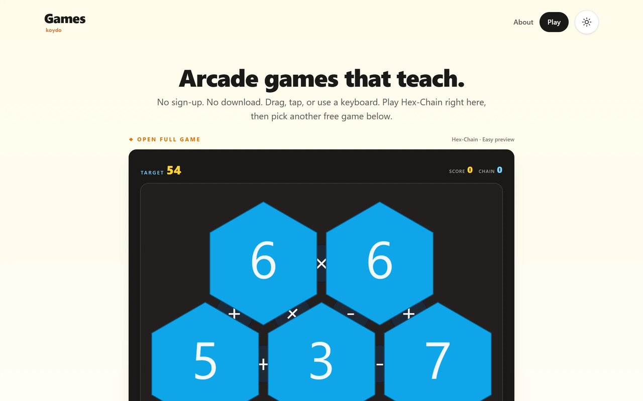 The Hex-Chain arithmetic puzzle board on play.koydo.app