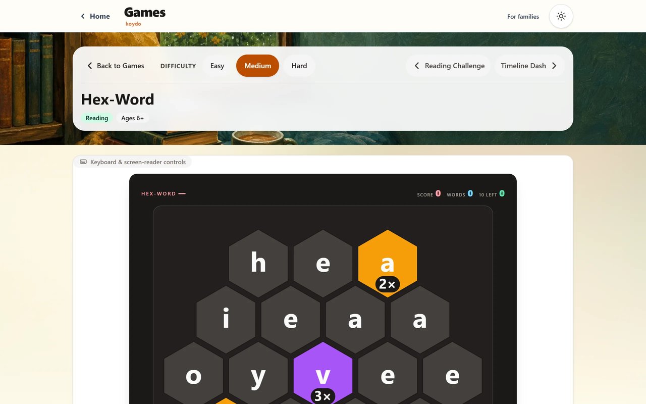 The Hex-Word spelling game board with letter tiles