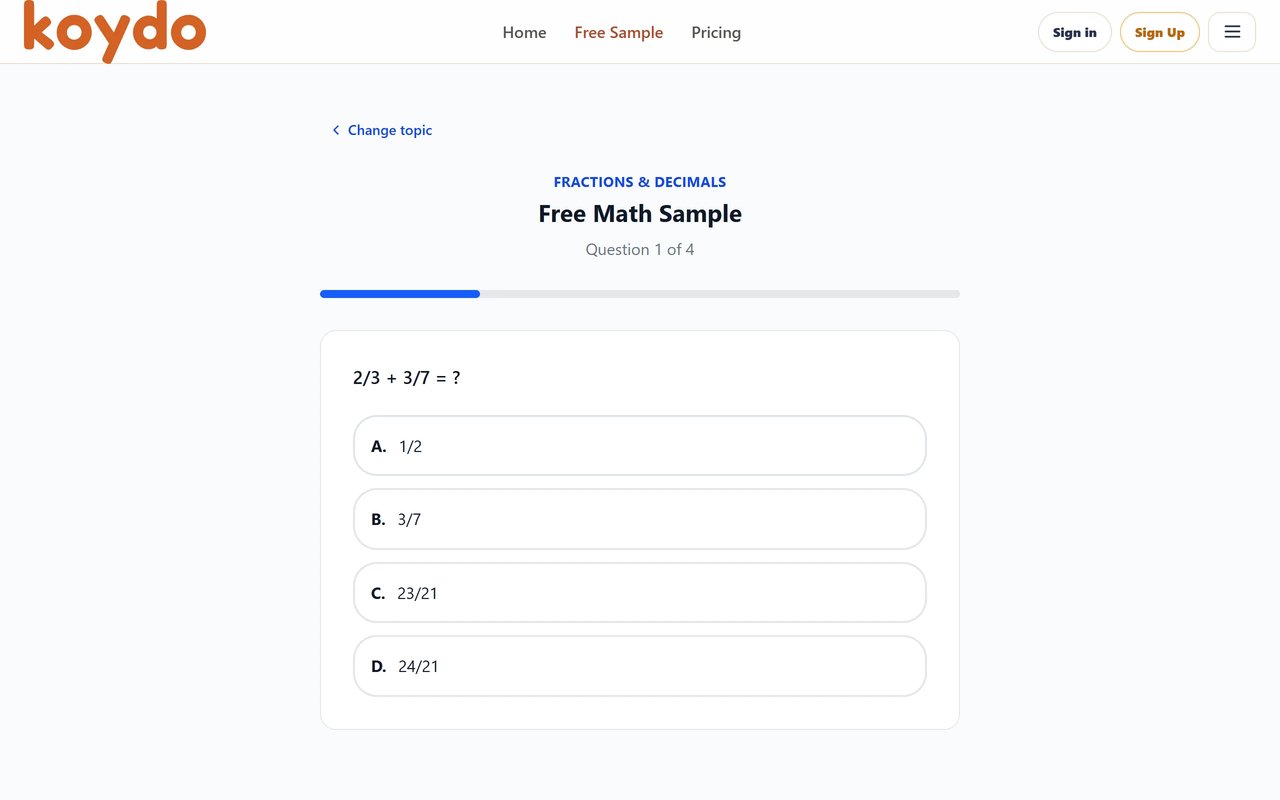 A fractions practice question with four answer choices on math.koydo.app