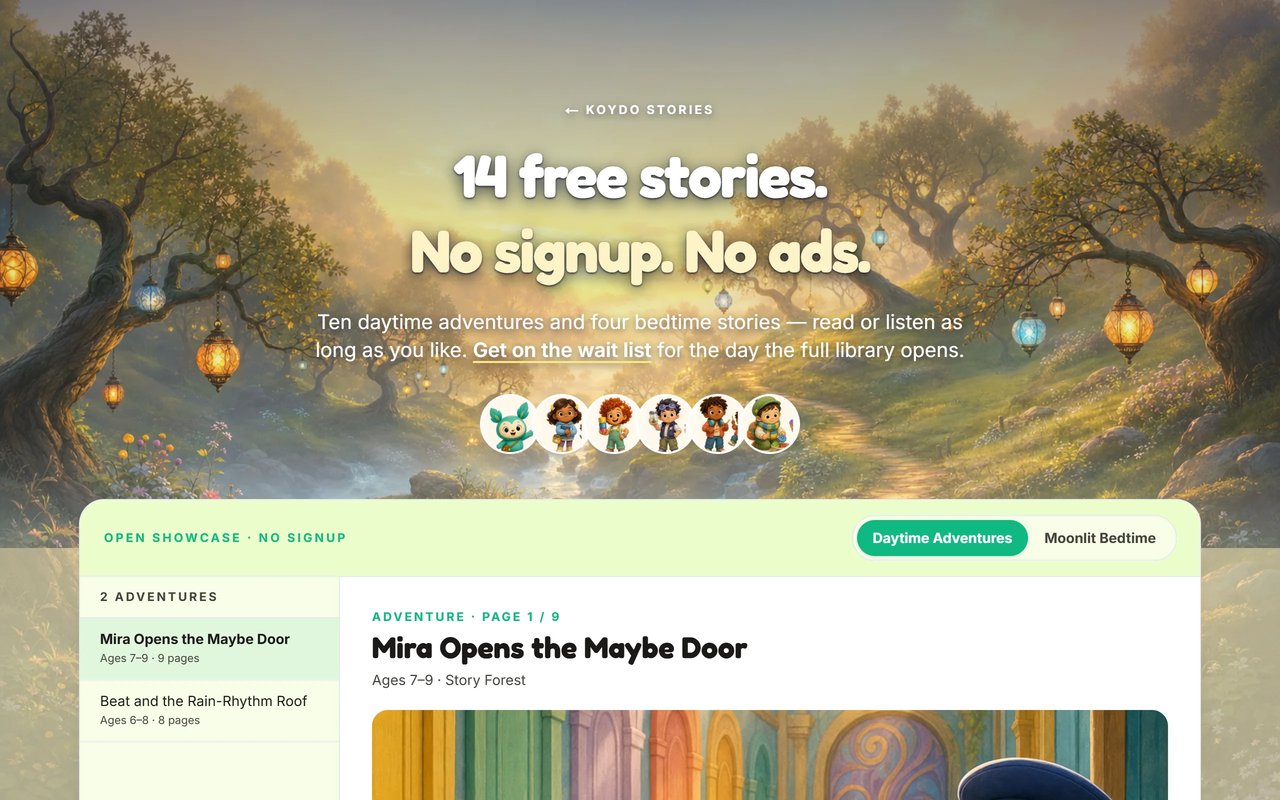 The Koydo Stories showcase with a painted story forest and a picture book ready to read
