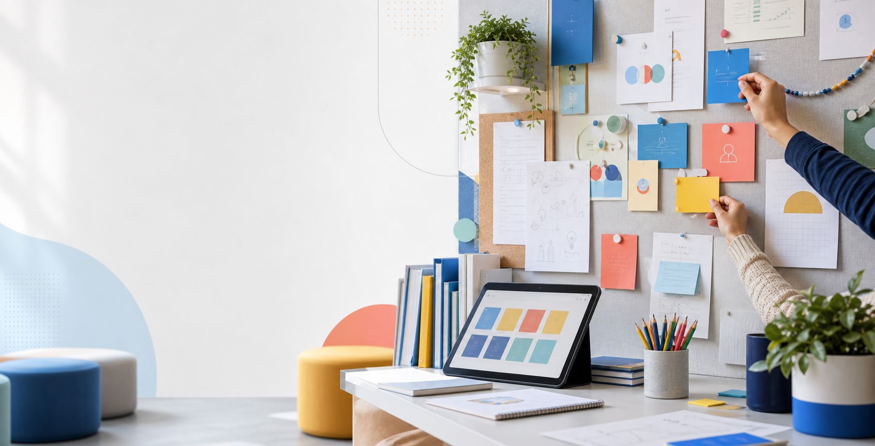 A planning wall of pinned notes and charts beside a desk with a tablet and books