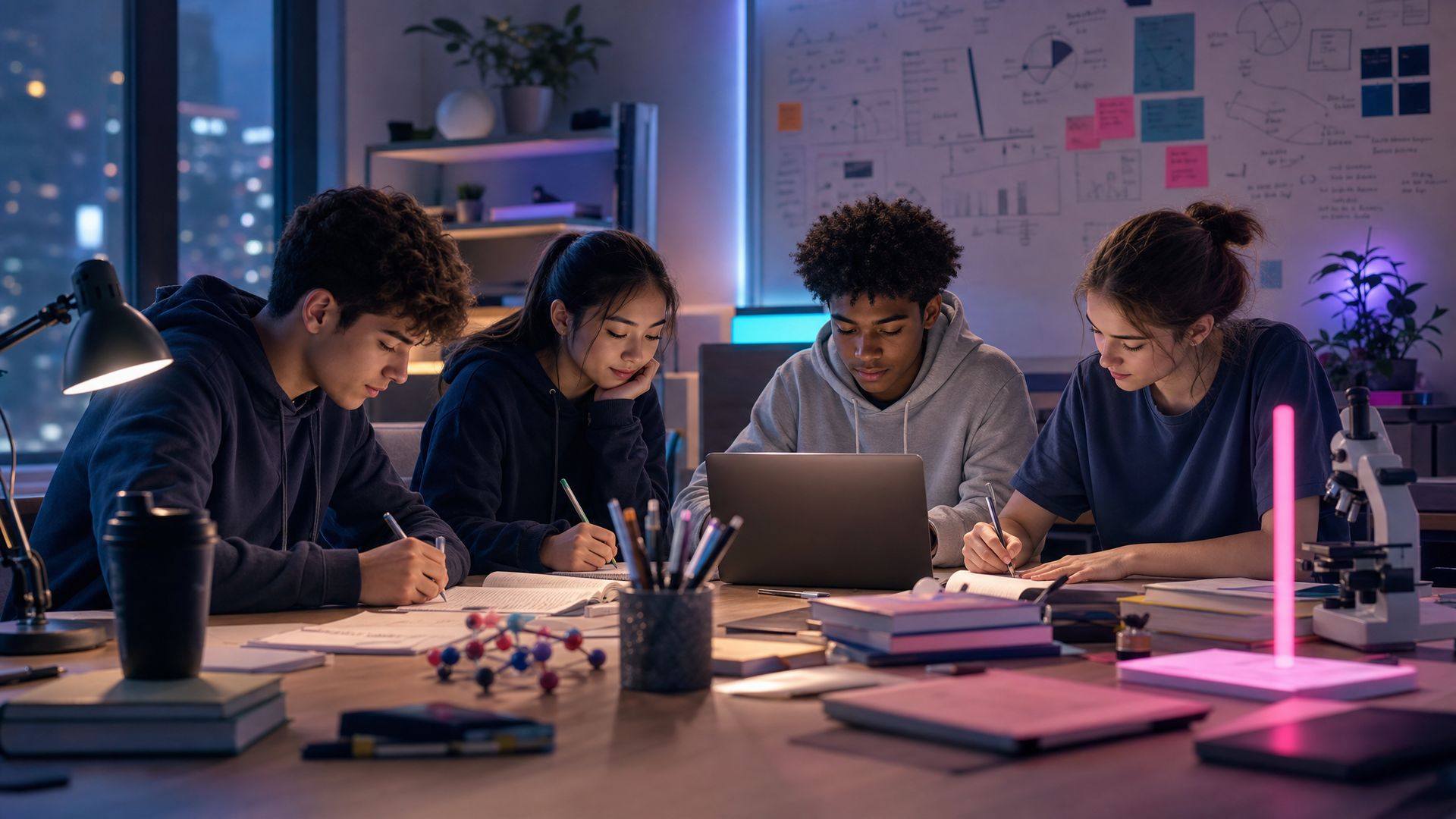 Teenagers studying together late in the evening with notebooks, a laptop and a molecule model