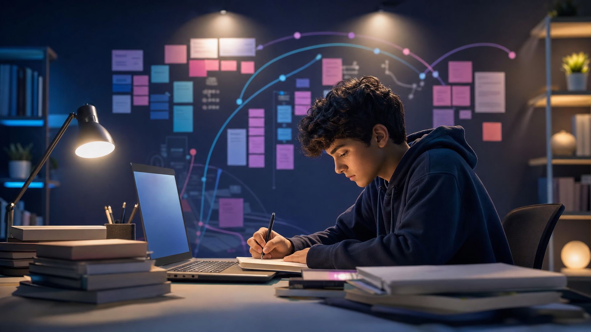 A teenager writing notes at a desk lamp beside a wall of colourful study cards