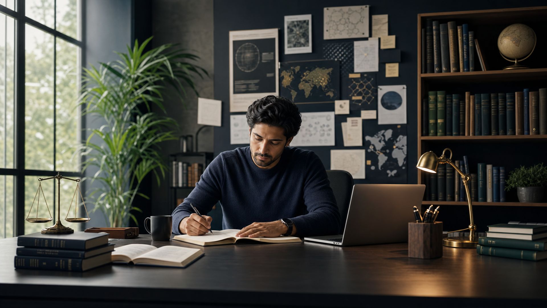 An adult learner studying at a desk surrounded by books and notes