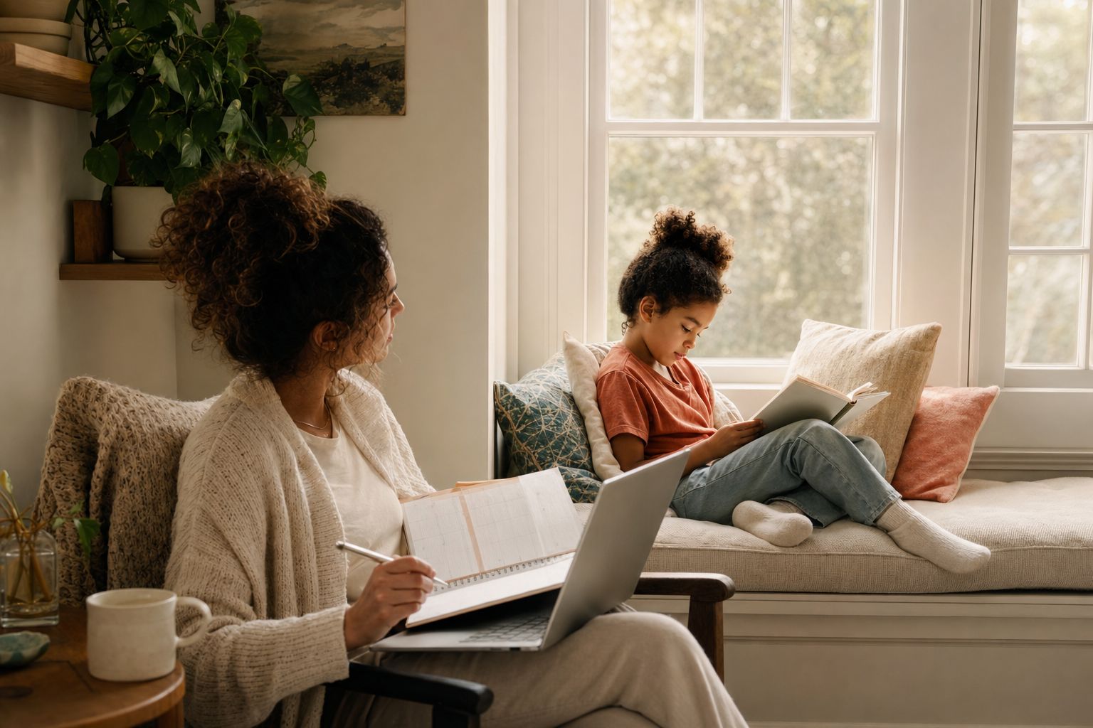 A parent working on a laptop while a child reads on a window seat