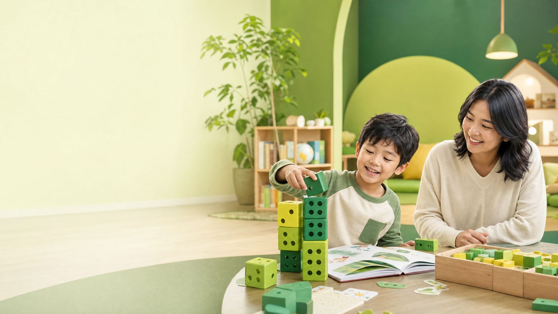 A young child building with green number blocks beside a smiling parent