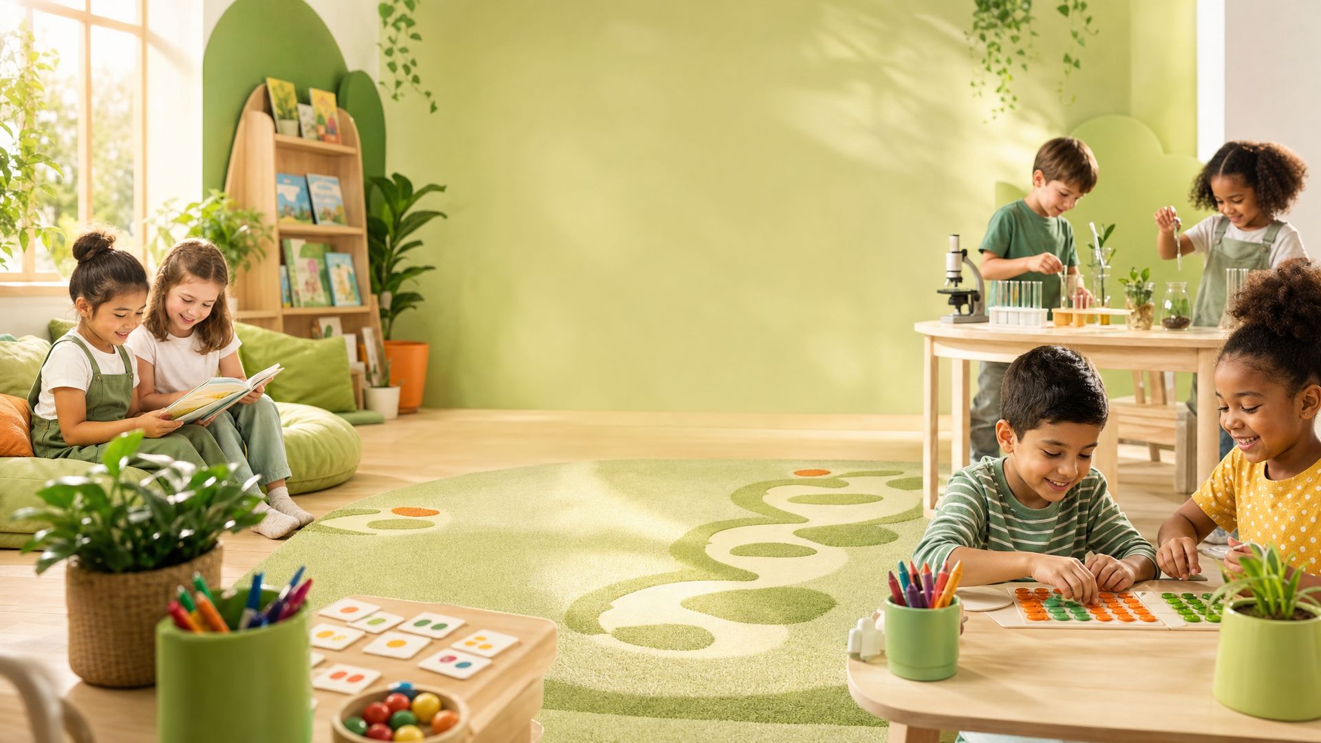 Young children counting with coloured beads and exploring a classroom science corner