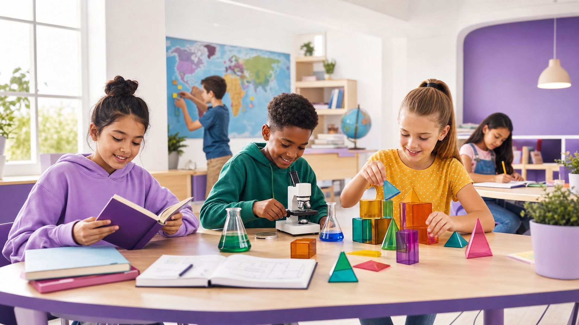 Children reading, using a microscope and building with geometric shapes at a classroom table