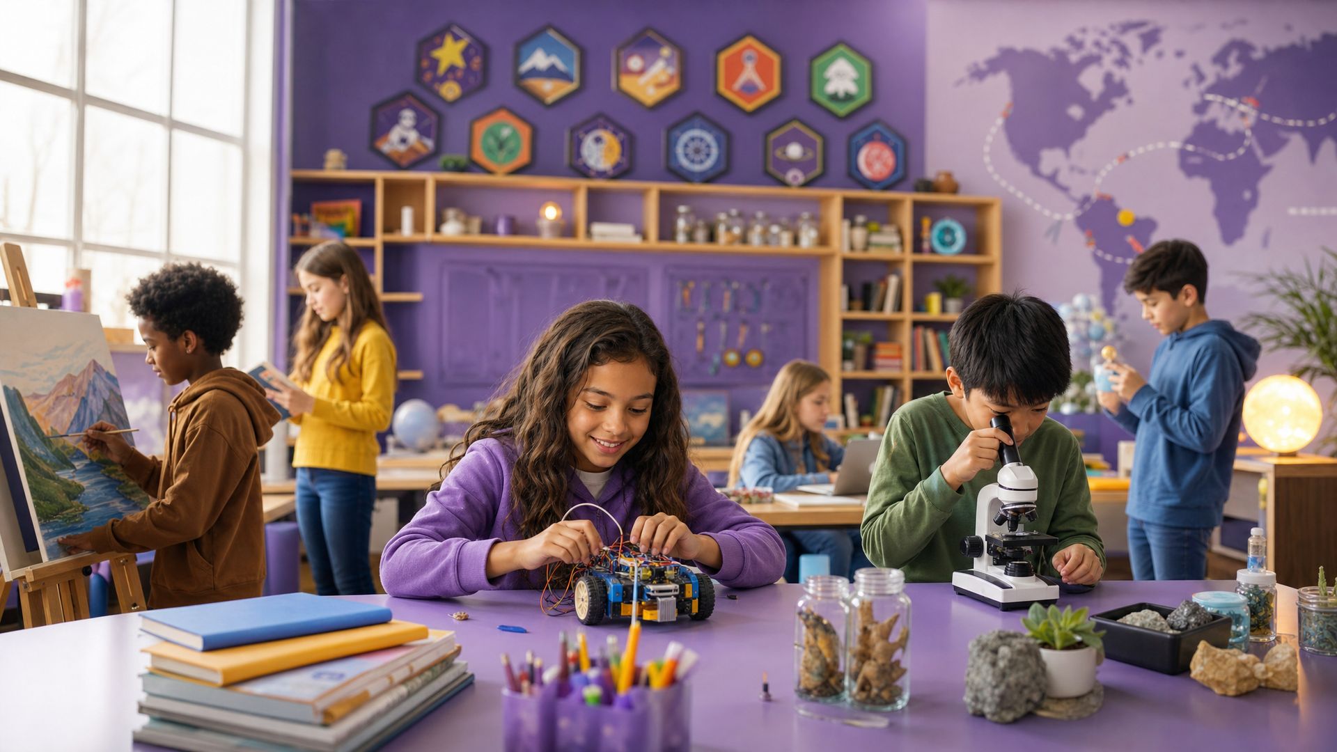 Children building a small robot, painting and looking through a microscope in a bright learning room