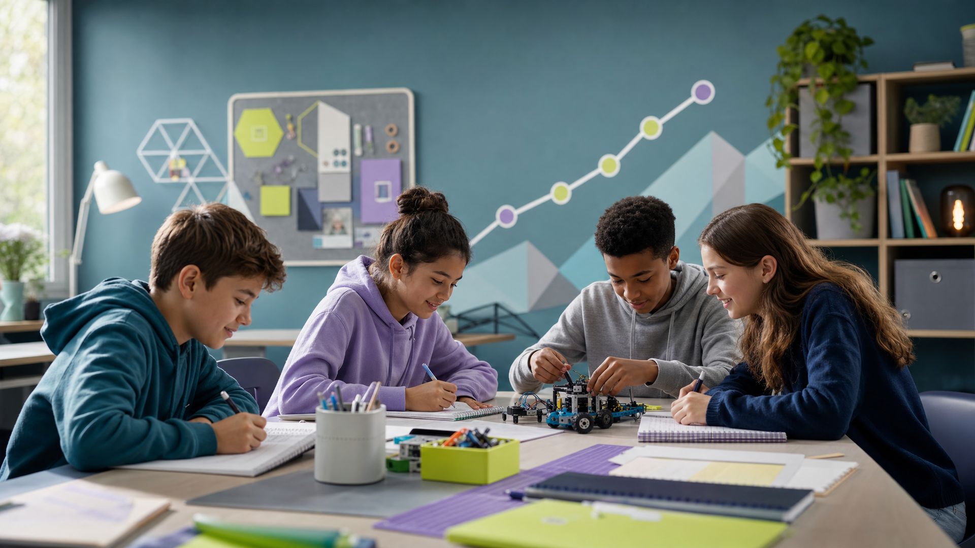 Students sketching graphs and building a robotics kit around a shared table