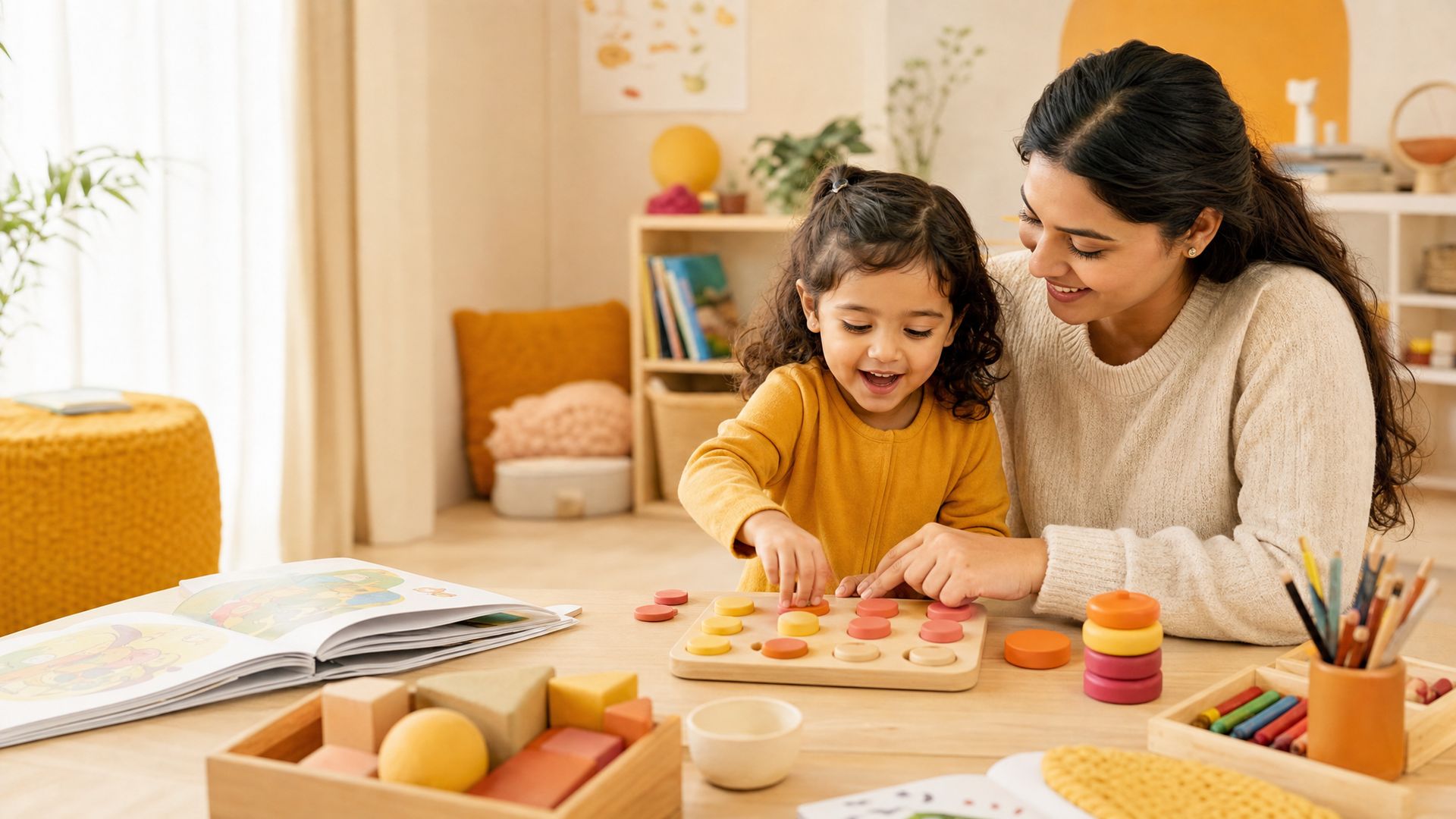 A parent and a preschooler fitting colourful wooden shapes into a puzzle board