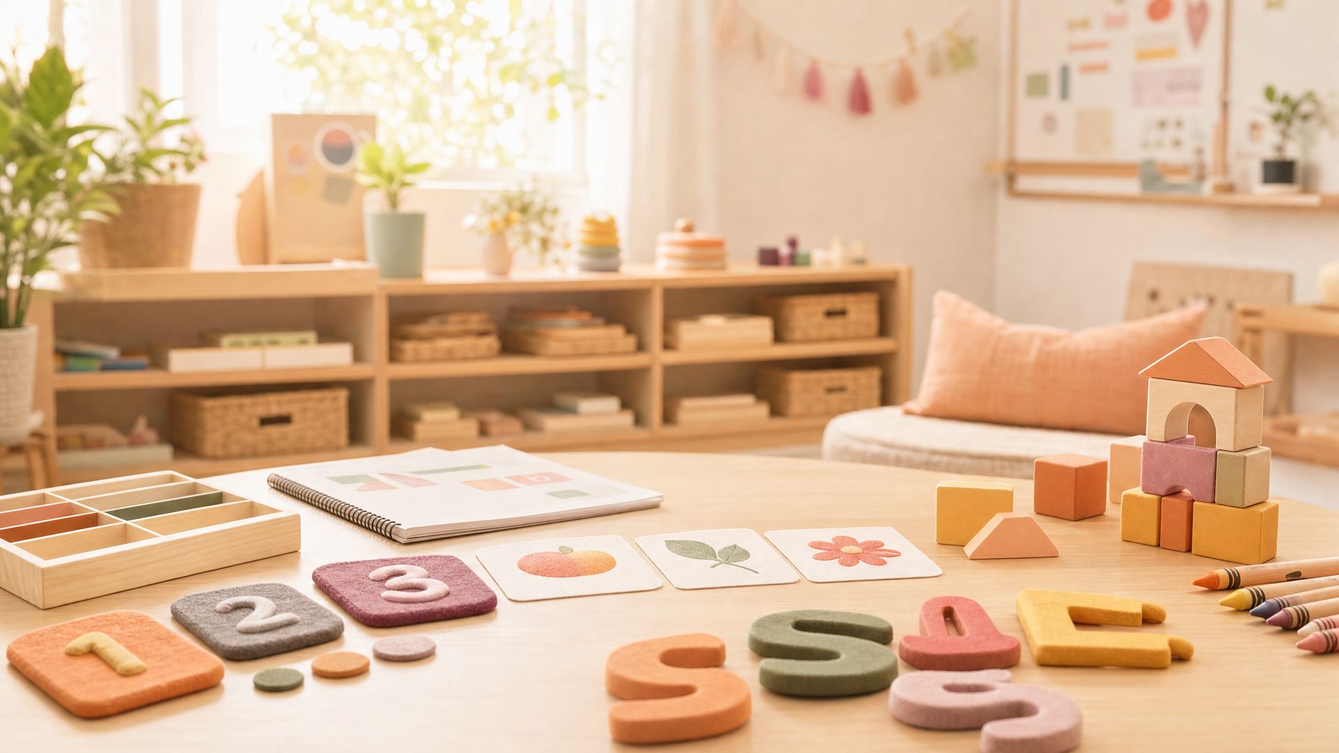 Soft wooden number shapes and picture cards laid out on a playroom table