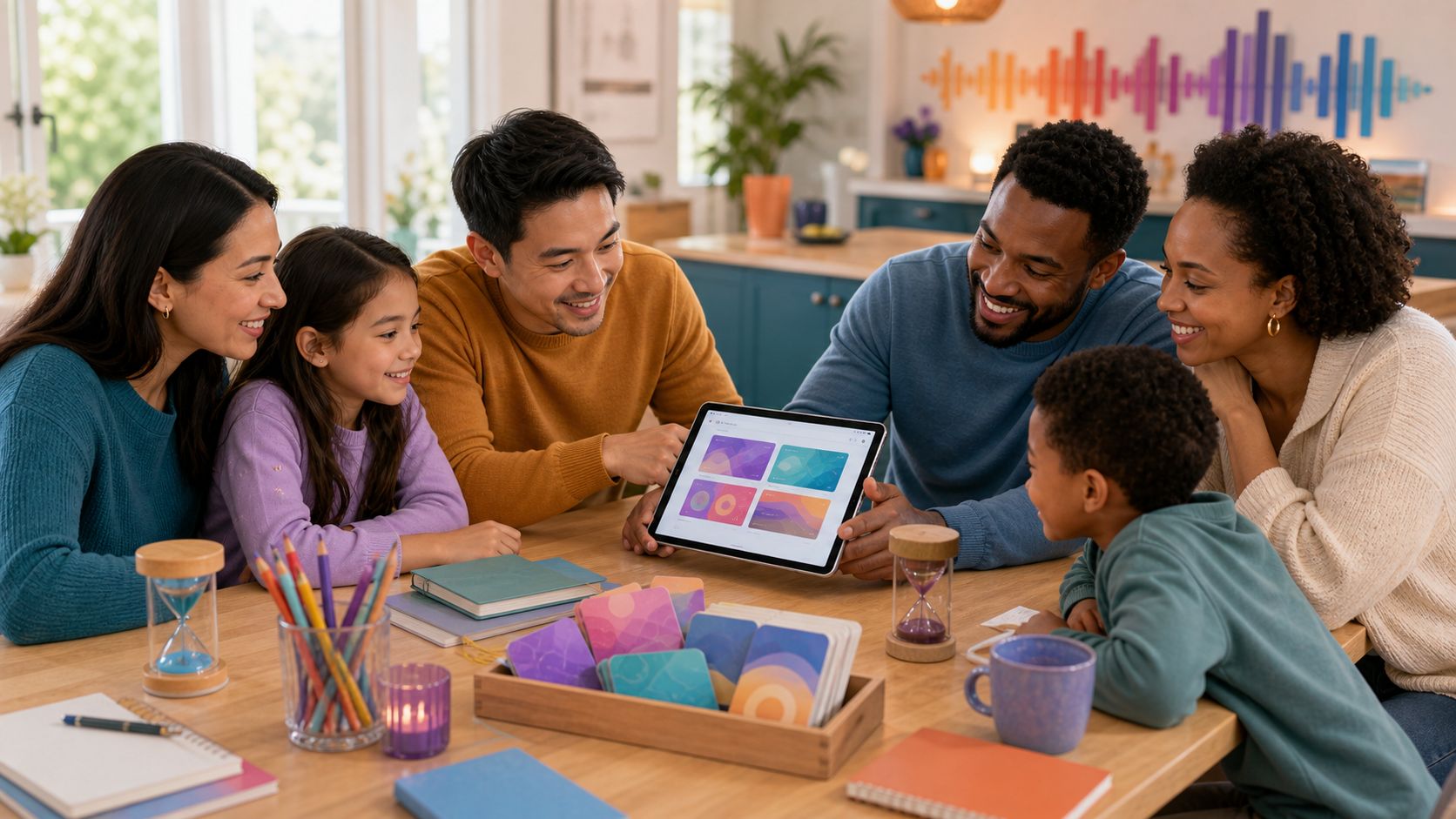 Two families sharing a tablet around a table covered with learning cards