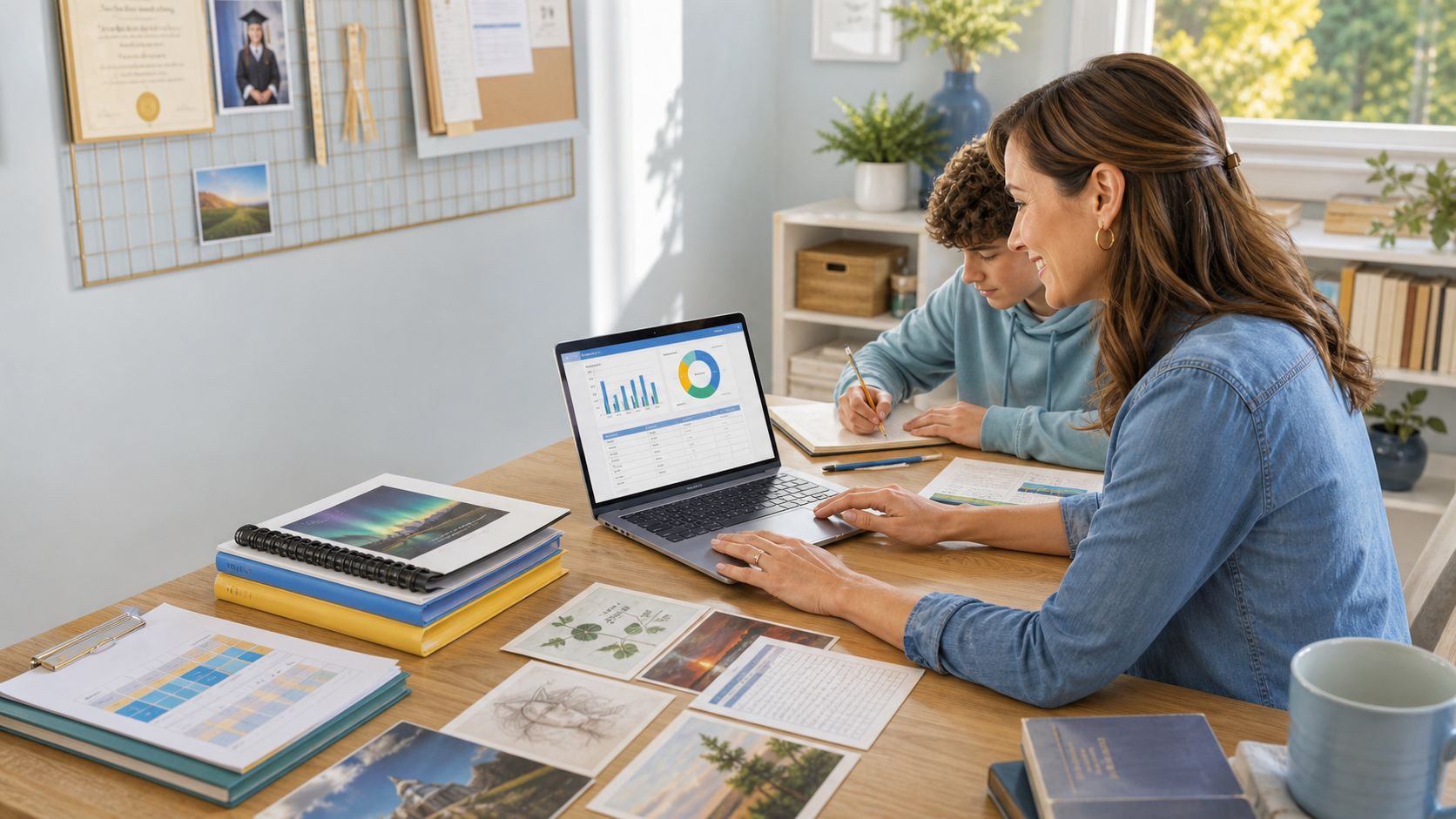 A parent reviewing progress charts on a laptop while a child works beside her