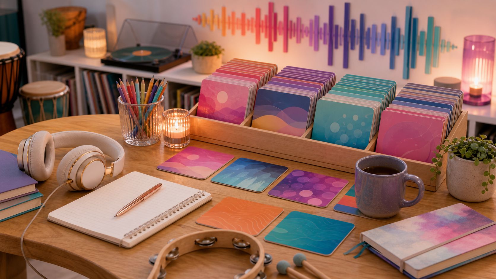 Colourful music collection cards, headphones and a notebook on a wooden desk