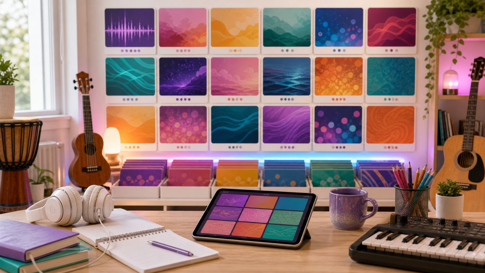 A wall of colourful music cover cards above instruments and a tablet