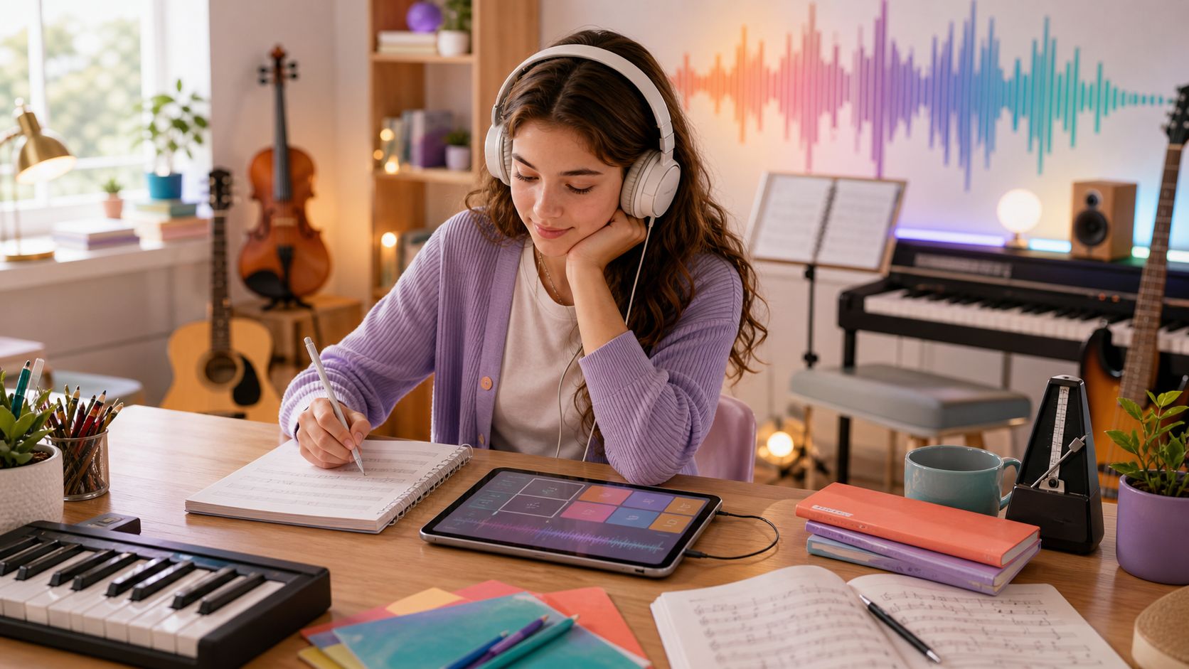 A girl with headphones writing in a notebook beside a keyboard and a tablet