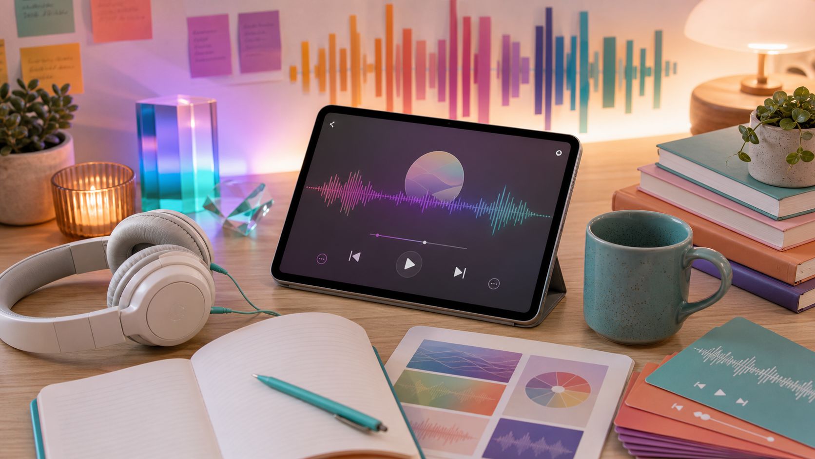 A tablet playing a song beside headphones and an open notebook