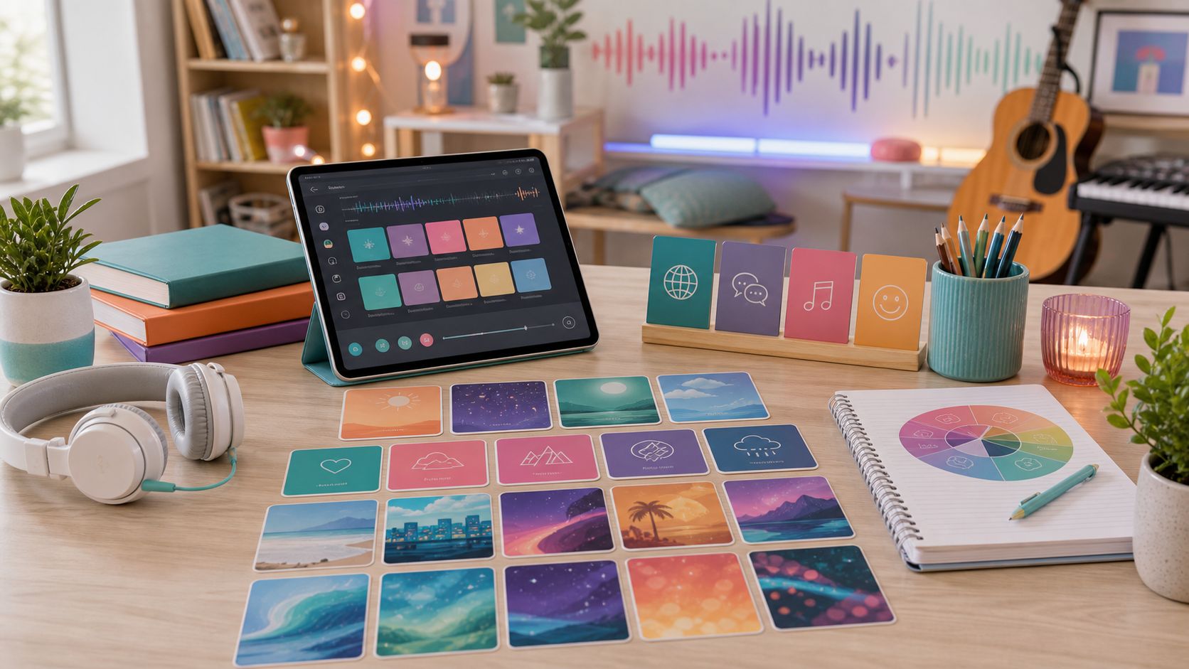 A tablet showing a grid of songs surrounded by colourful album cards