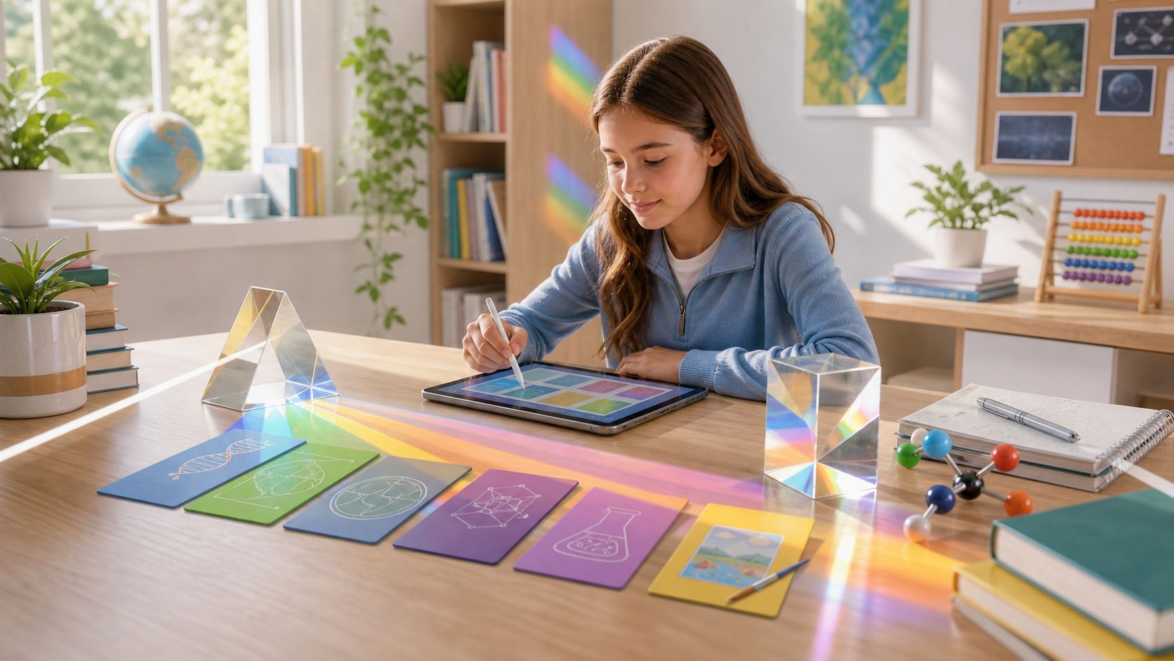 A girl working through a lesson on a tablet with colourful study cards