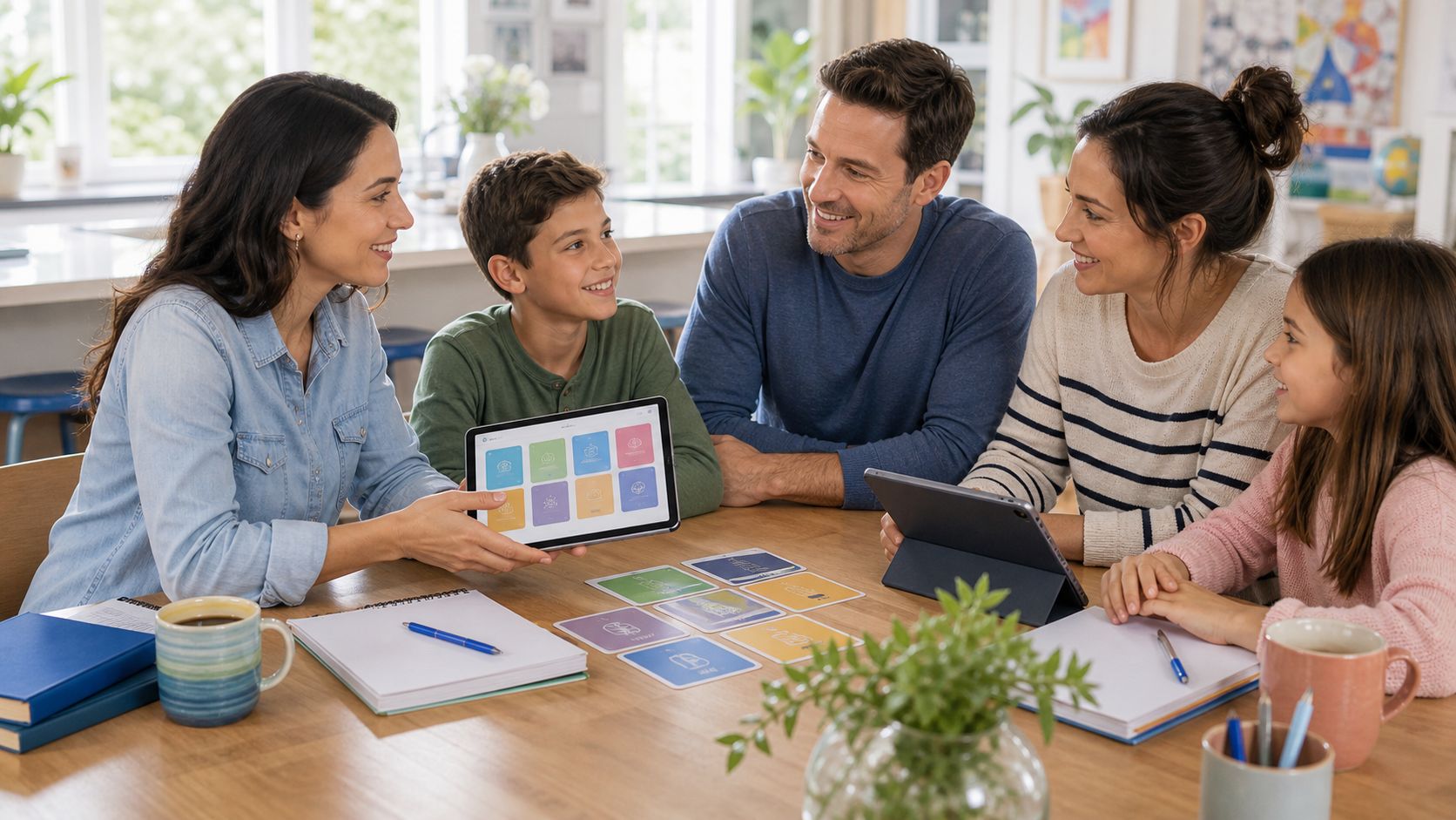 Parents and children talking around a table with tablets and notebooks