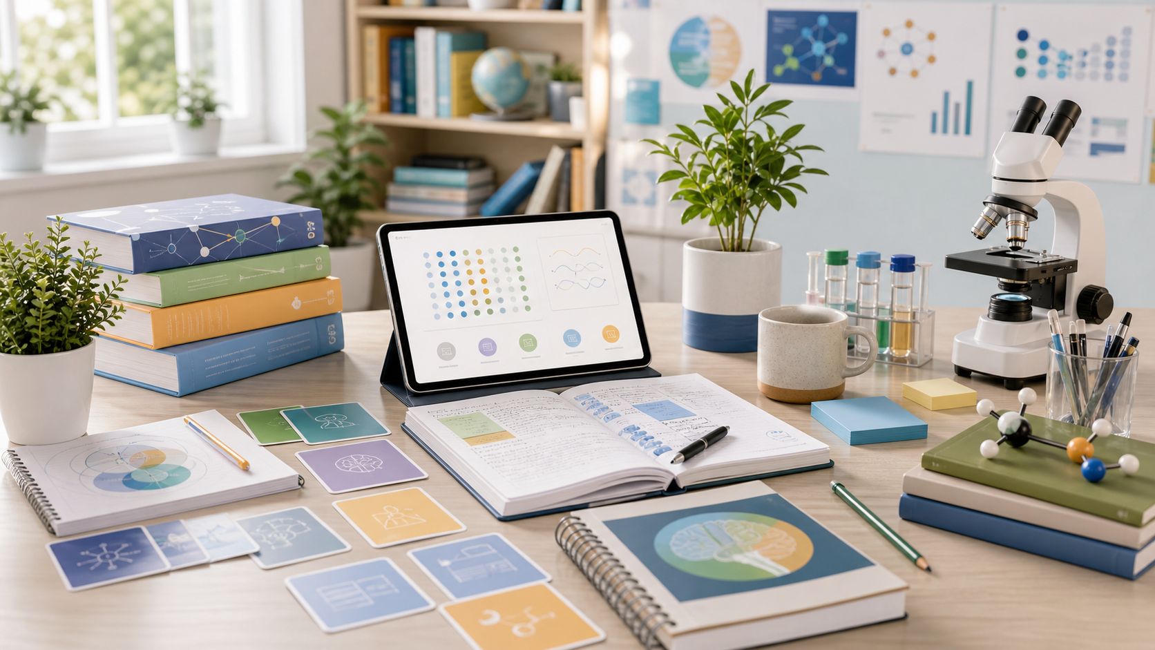 A research desk with a tablet of charts, notebooks, a microscope and a globe