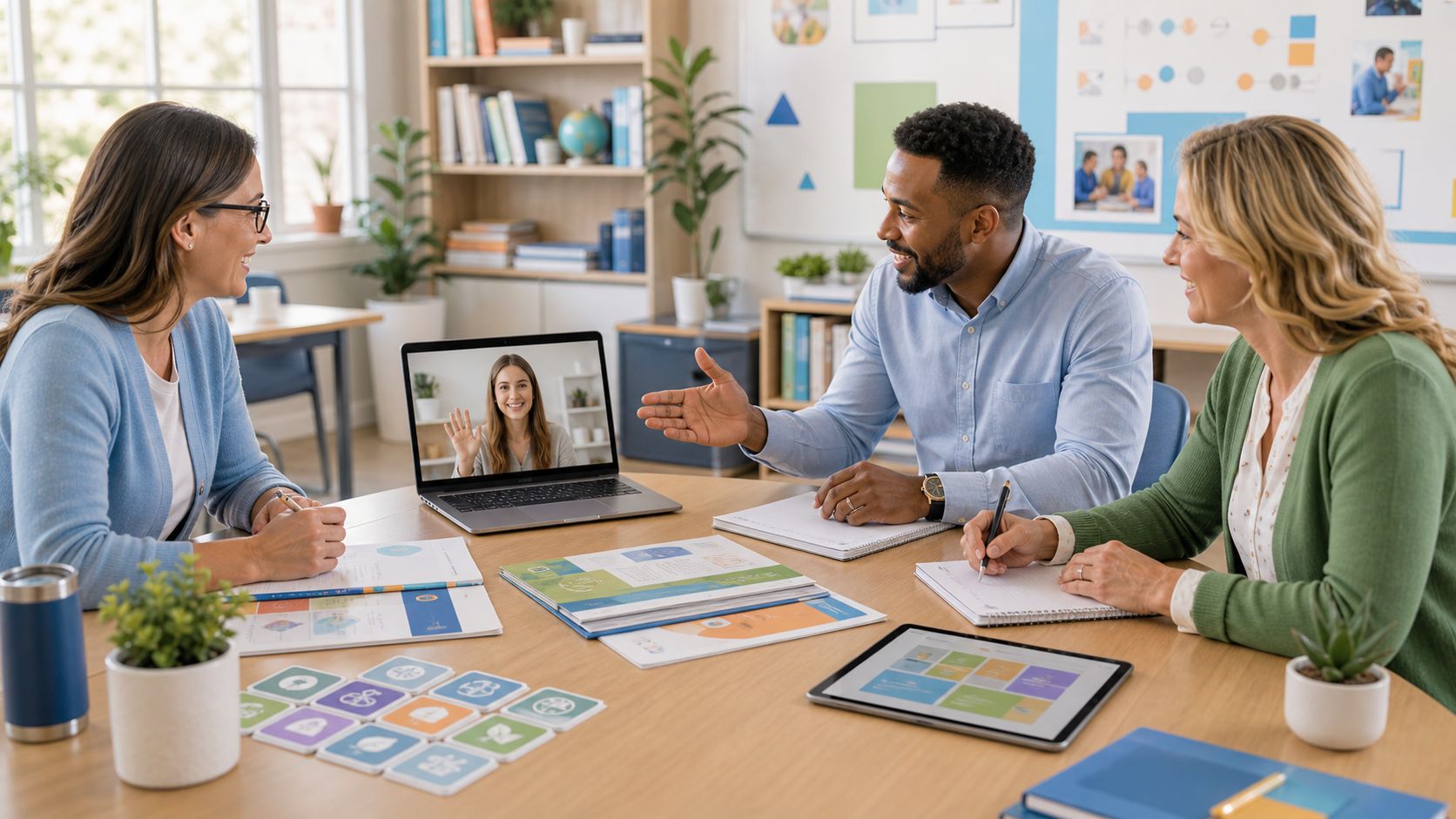Educators meeting around a table with a video call and planning materials