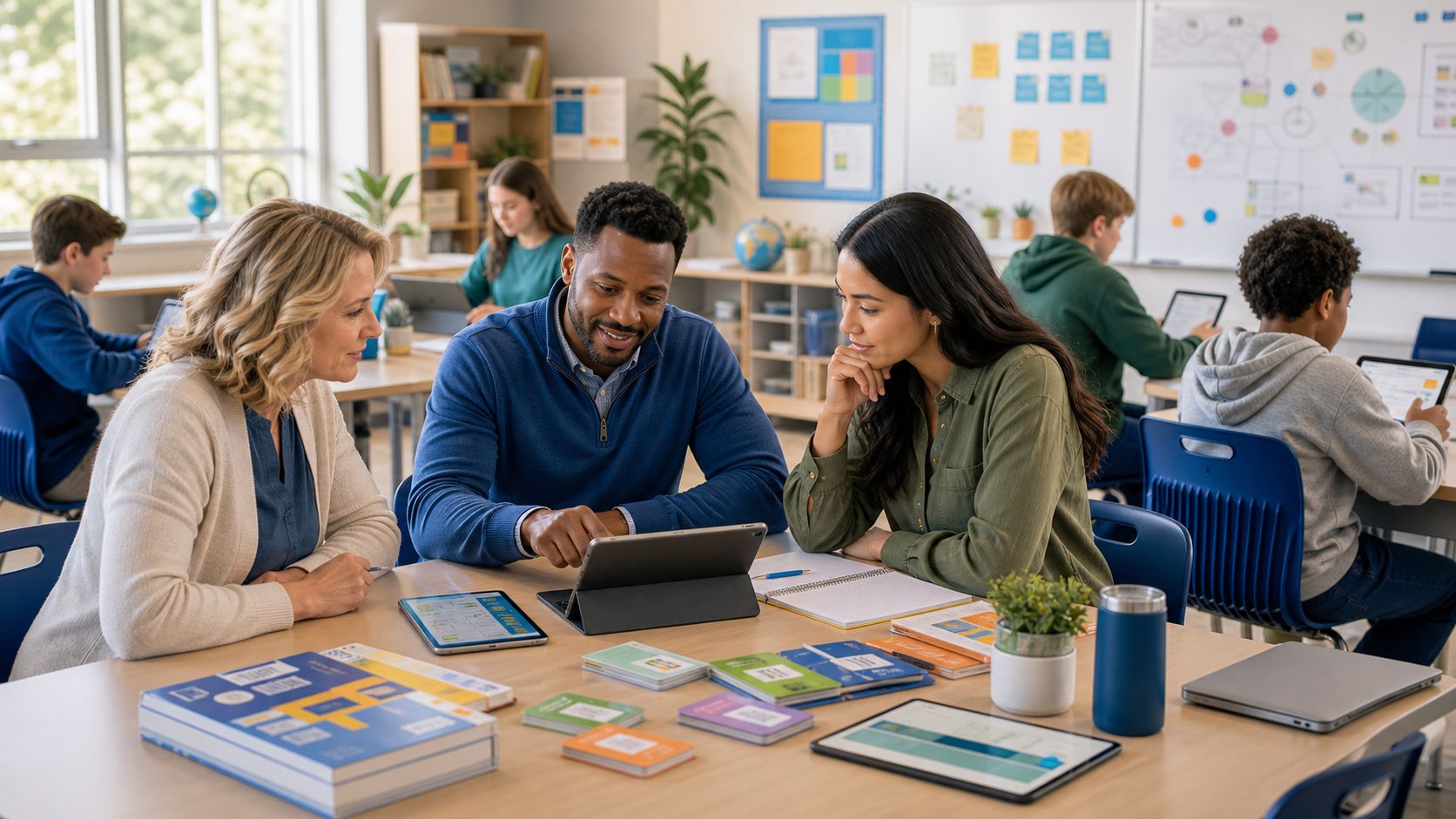 Teachers and a school leader planning together in a classroom