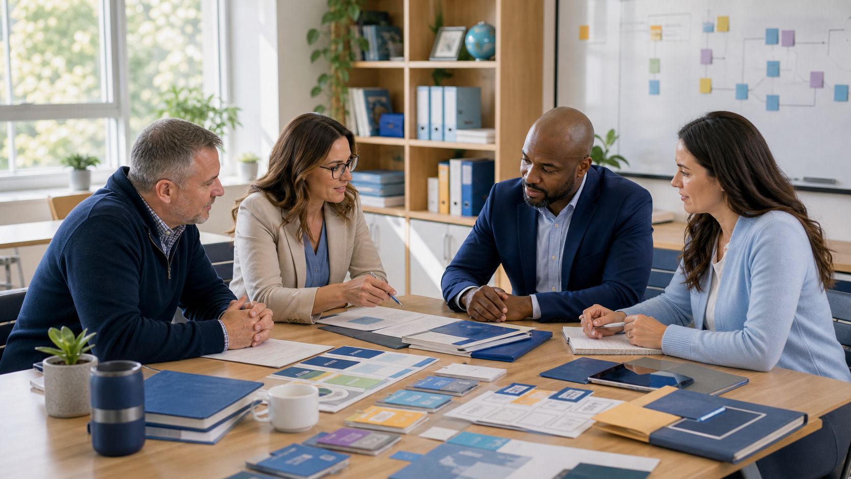 School administrators reviewing plans together at a conference table