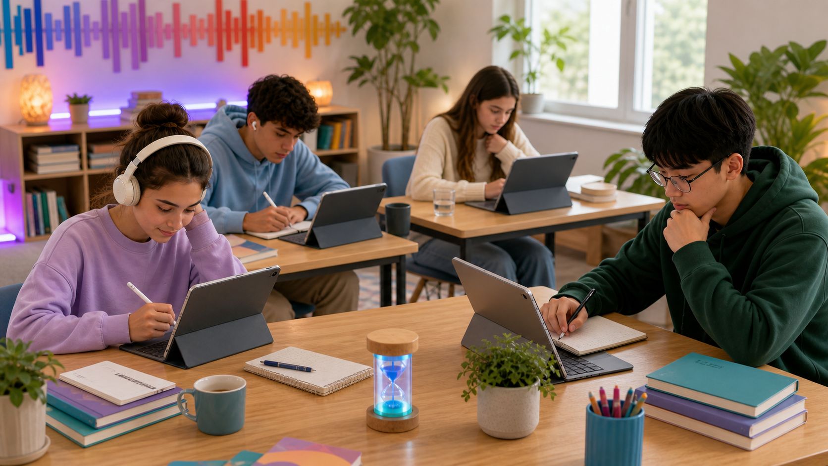 Students studying together at a shared table with tablets