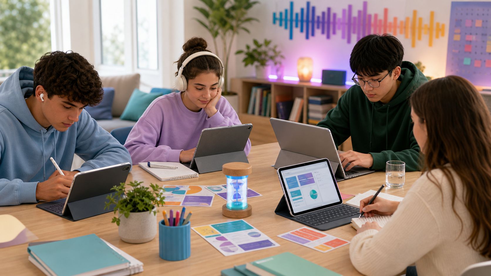 Teenagers studying side by side with headphones and tablets