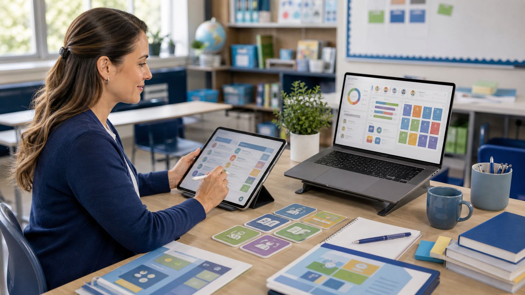 A teacher reviewing class progress on a tablet and laptop