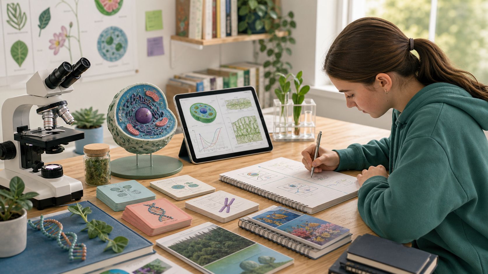A student studying biology notes beside a microscope and a cell model