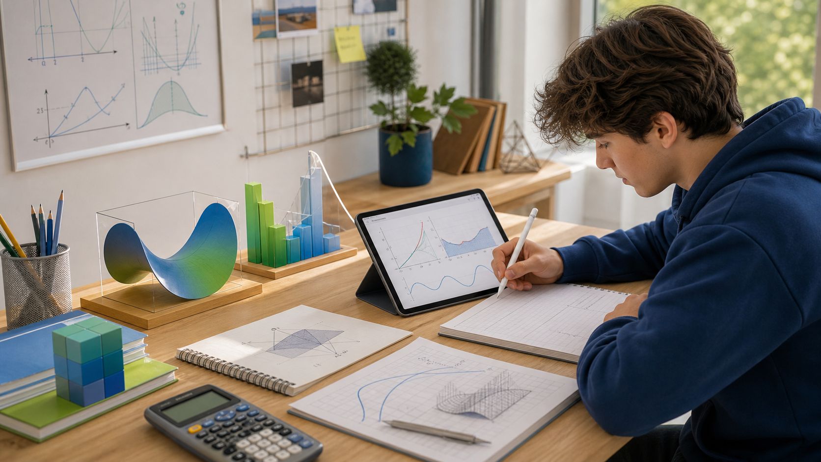 A student working calculus problems beside a tablet showing graphs