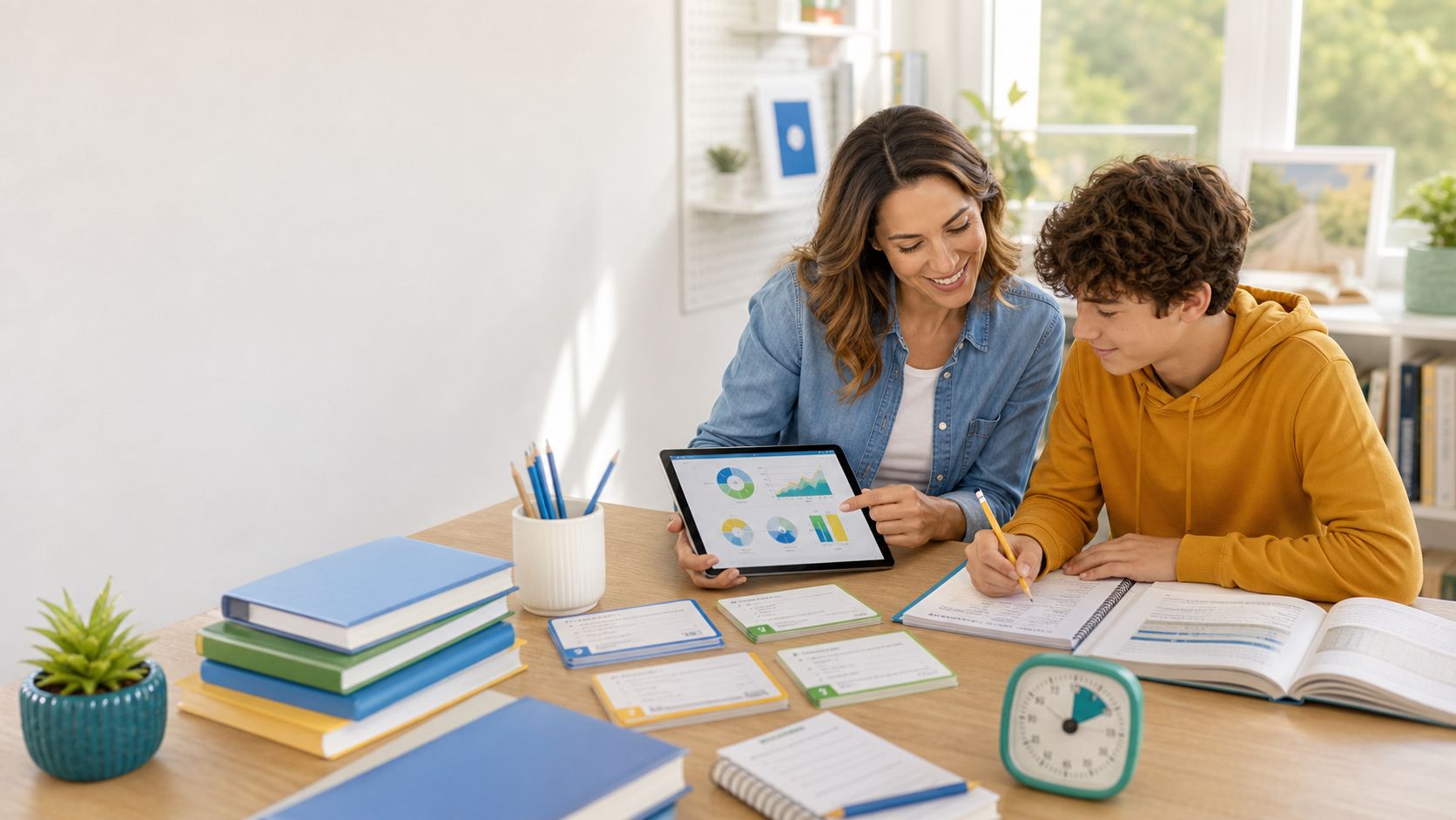 A parent and teenager reviewing a study plan on a tablet