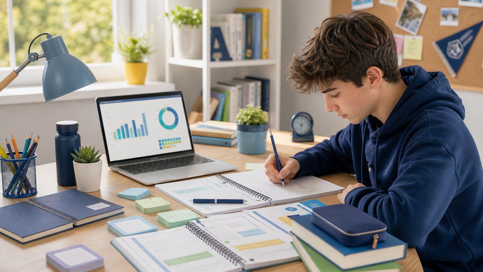 A teenager practising test questions at a desk with a laptop of charts