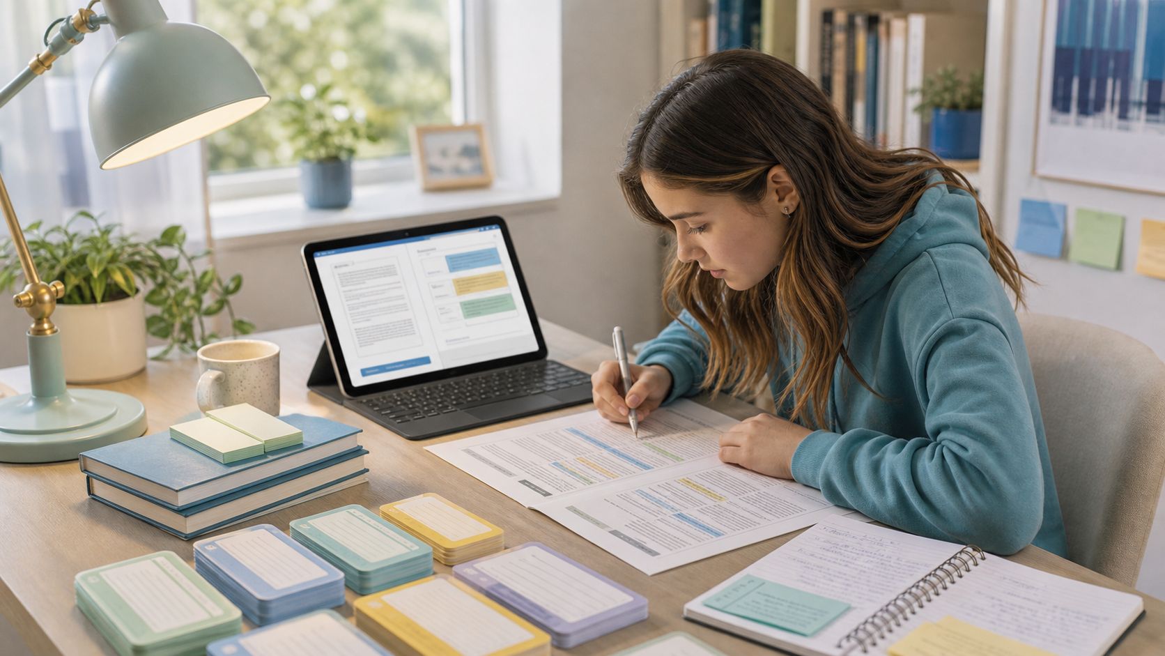 A student annotating a reading passage beside a laptop