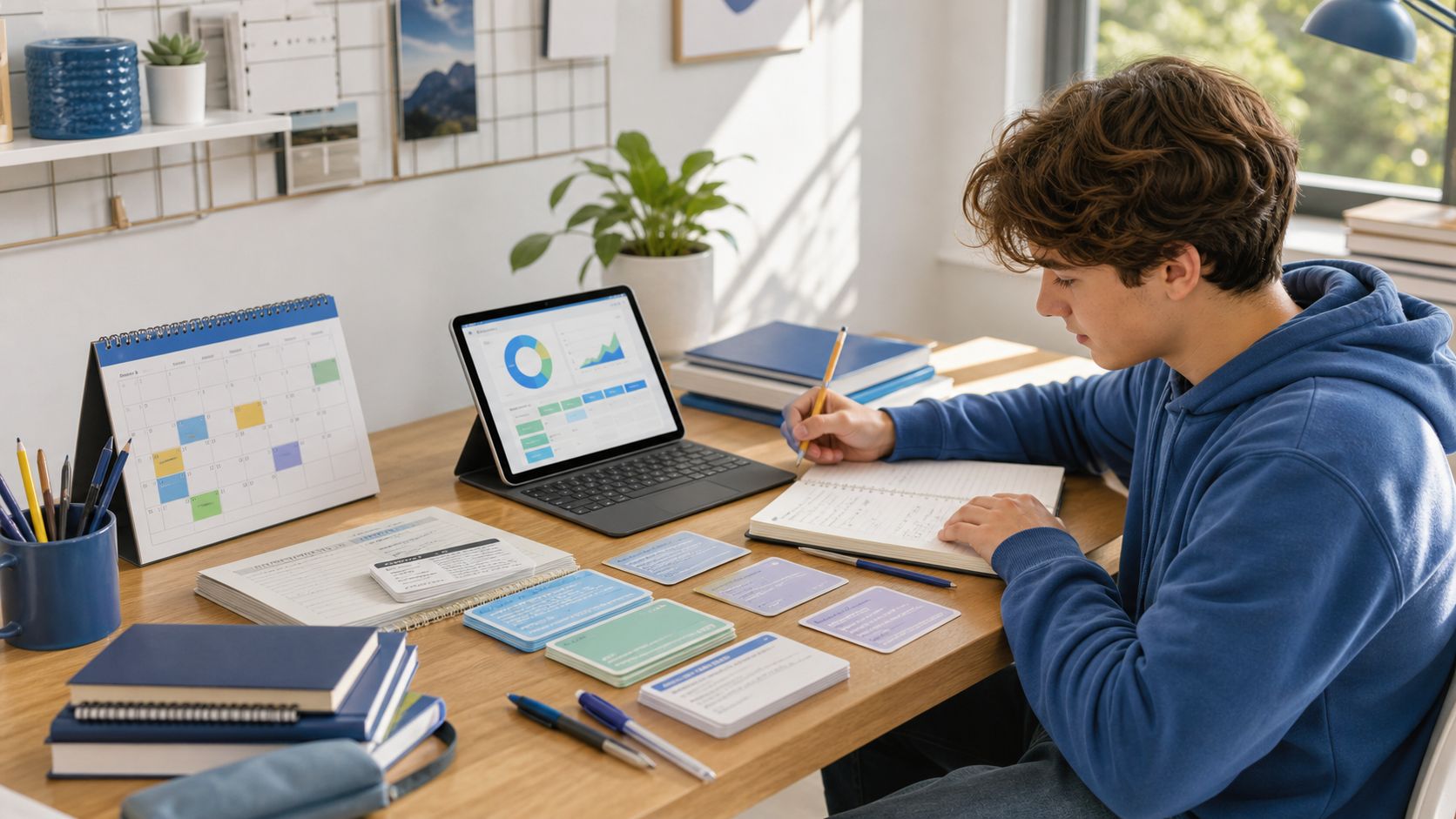 A teenager planning study sessions with a laptop calendar and notebooks