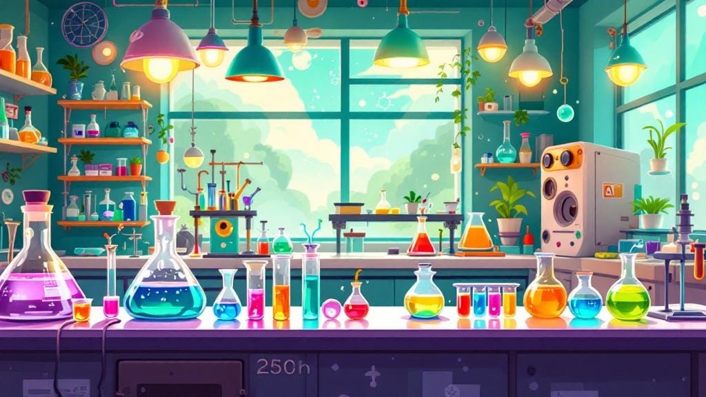 A colourful science lab with beakers and test tubes by a big window