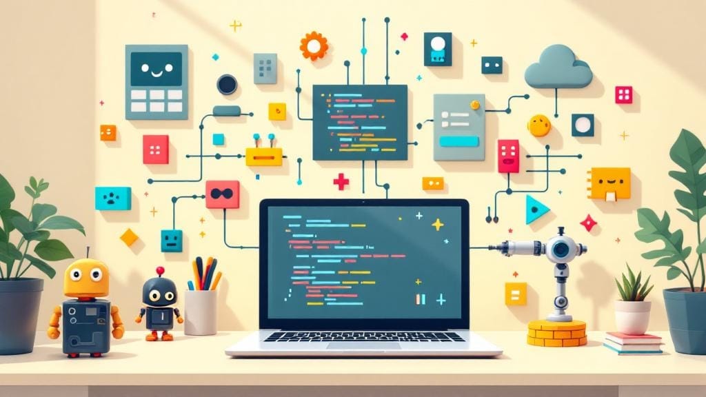 A laptop showing code beside small robots and a wall of programming diagrams