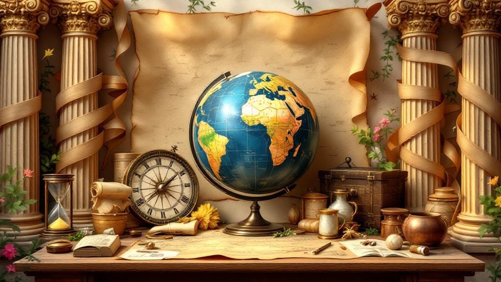 A globe, an old clock and a map scroll between stone columns